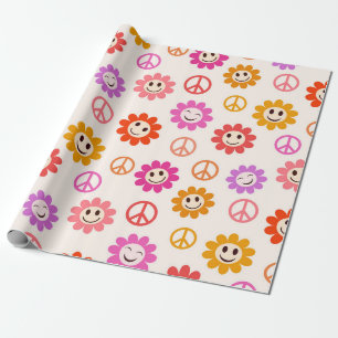 Blij lachende bloemenpatroon met vredestekens cadeaupapier