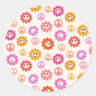 Blij lachende bloemenpatroon met vredestekens  ronde sticker