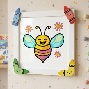 Blij Lachende Kawaii Baby Bij met Mooie Bloemen Foto Afdruk