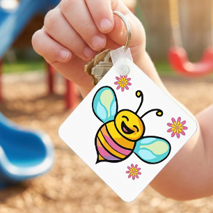 Blij Lachende Kawaii Baby Bij met Mooie Bloemen Sleutelhanger