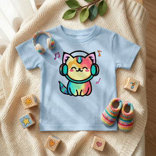 Blij Lachende Kawaii Cartoon Kat met Koptelefoon