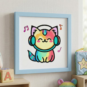 Blij Lachende Kawaii Cartoon Kat met Koptelefoon Foto Afdruk