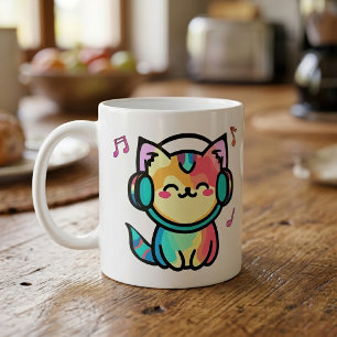 Blij Lachende Kawaii Cartoon Kat met Koptelefoon Koffiemok