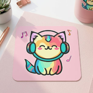 Blij Lachende Kawaii Cartoon Kat met Koptelefoon Vierkante Sticker