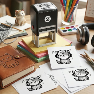 Blij Lachende Kawaii Cartoon Kat met Koptelefoon Zelfinktende Stempel