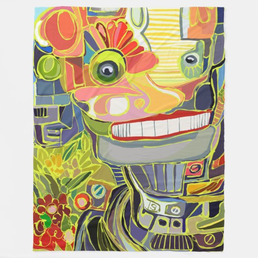 Blij Lachende Robot met Bloemen Fleece Deken (Voorkant)