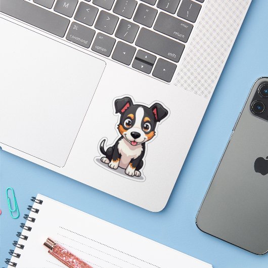 Blij Manchester Terrier Puppy – Chibi Kunst Sticker (Laptop met iPhone)