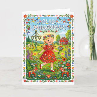Blij Midsommar: Zweeds meisje in bloemjurk Feestdagen Kaart
