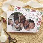 blij | Moderne 2 foto kerst Feestdagenkaart<br><div class="desc">Verspreid feestvreugde met deze chique en elegante kerstkaart! Met twee ronde foto's geeft het ontwerp je favoriete familiemomenten een moderne twist. De kleinere cirkelfoto is kunstig overlay op de grotere, het creëren van een evenwichtige en stijlvolle lay-out. Het woord "vreugdevol" is gedrukt in minimalistische rode typografie in de bovenhoek, met...</div>