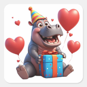 Blij nijlpaard met ballonnen en cadeau 🎂 vierkante sticker