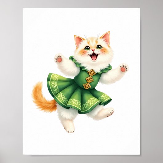 Blij Oranje Kitten in Groene Keltische Jurk Dansen Poster (Voorkant)