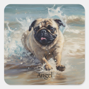 Blij Pug op het Strand aanpasbaar Vierkante Sticker