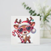Blij rendier met snoepstok en versieringen feestdagenkaart (Staand voorkant)