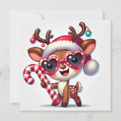 Blij rendier met snoepstok en versieringen feestdagenkaart (Voorkant)