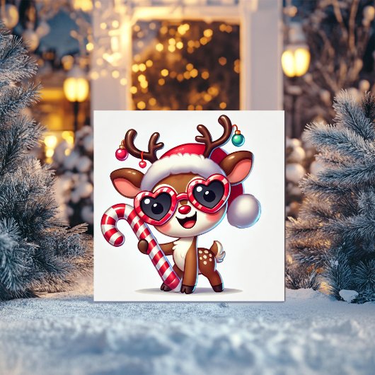 Blij rendier met snoepstok en versieringen feestdagenkaart