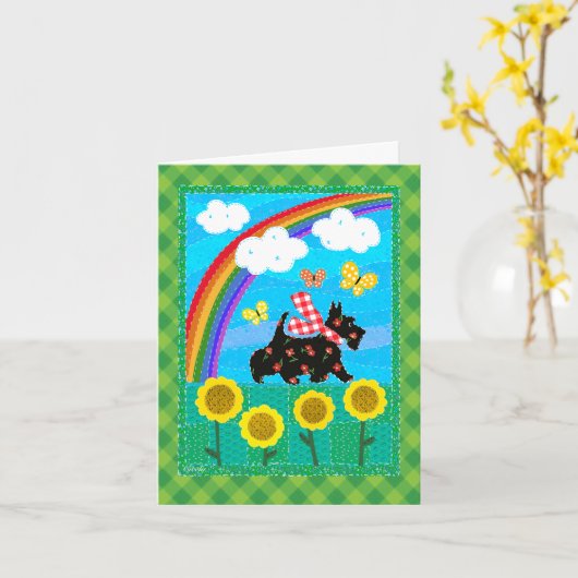 Blij Scottie Regenboog Quilt Ontwerp 4x6 kaart (Gele Bloem)