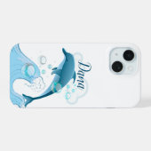 Blij springende dolfijn met bubbels iPhone 15 case (Achterkant horizontaal)