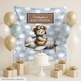 Blij teddybeer piloot babyshower fotobanner wandkleed