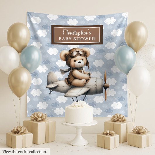 Blij teddybeer piloot babyshower fotobanner wandkleed