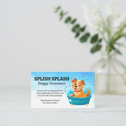 Blij tekenfilmhond in badschuim | Trimmers Visitekaartje (Staand voorkant)