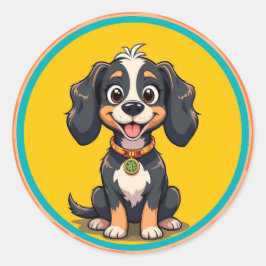 Blij tekenfilmhond in een kleurrijke cirkelvormige ronde sticker