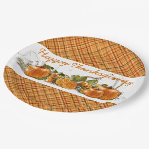 Blij Thanksgiving Oranje Schotse Ruit Papier Borde Papieren Bordje