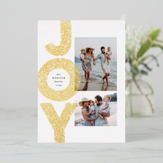 Blij twee foto gespikkeld goud modern Kerstmis  Folie Feestdagenkaart (Staand Voorkant)