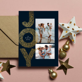 Blij twee foto Kerst nep goud navy Feestdagenkaart
