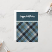 Blij verjaardag Blue Tartan Flat Wenskaart Kaart (Voorkant / Achterkant in situ)