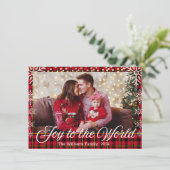 Blij voor de wereld, sneeuwvlokken Buffalo plaid f Feestdagenkaart (Staand voorkant)