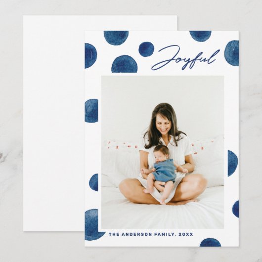 Blij. Waterverf blauwe polka dots kerst Feestdagenkaart (Voorkant / Achterkant)