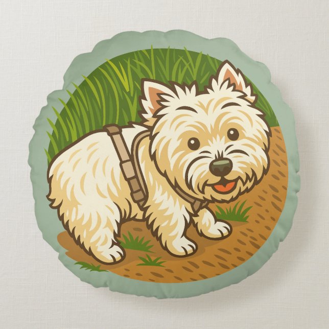 Blij Westie op natuurpad Rond Kussen (Voorkant)