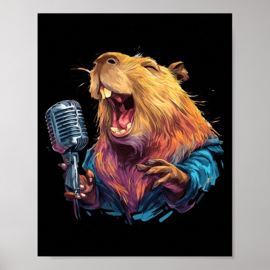 Blij zingende capybara met microfoon voor karaokel poster (Voorkant)