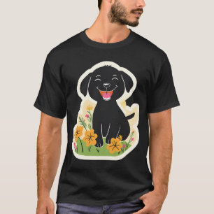 Blij zwart puppy in veldbloemen t-shirt