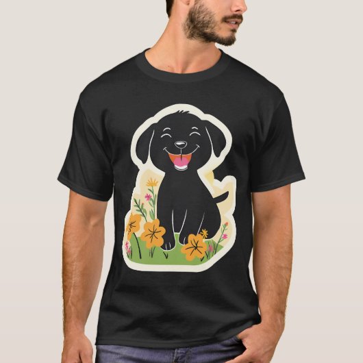 Blij zwart puppy in veldbloemen t-shirt (Voorkant)