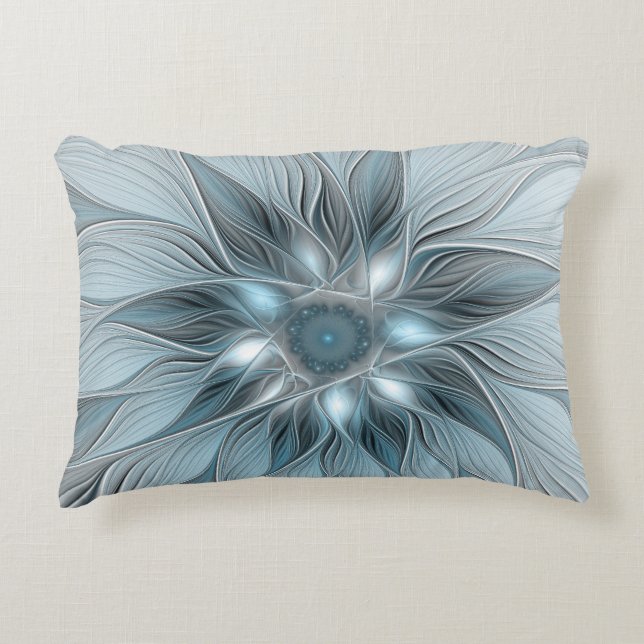 Blijde Bloem Abstract Blauw Grijs Bloemig Fractal Accent Kussen (Voorkant)
