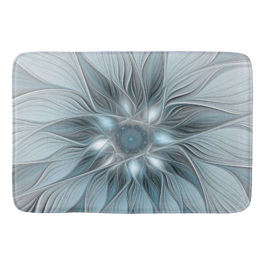 Blijde Bloem Abstract Blauw Grijs Bloemig Fractal Badmat (Voorkant)