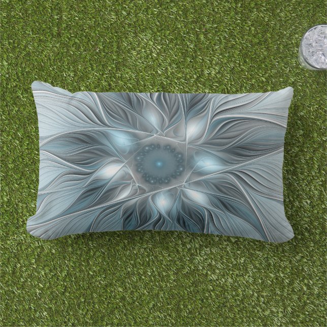 Blijde Bloem Abstract Blauw Grijs Bloemig Fractal Buitenkussen (Gras)