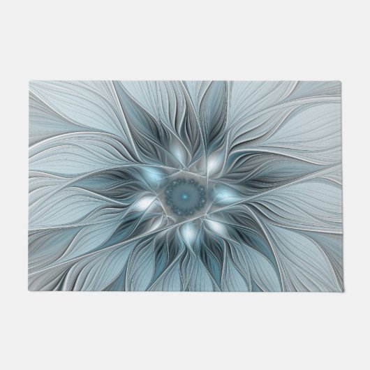 Blijde Bloem Abstract Blauw Grijs Bloemig Fractal Deurmat (Voorkant)
