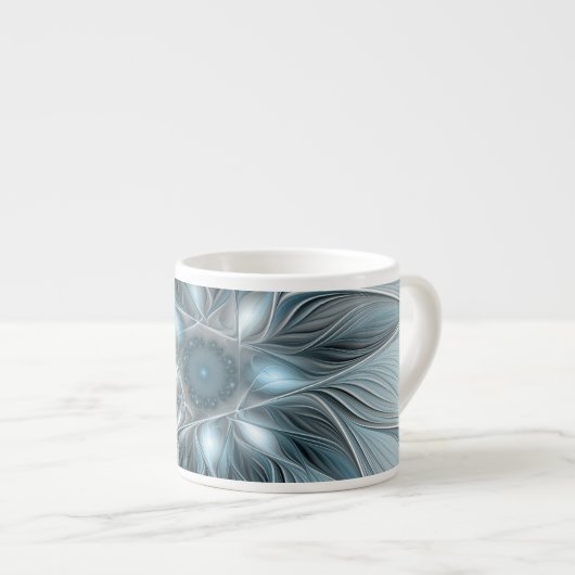 Blijde Bloem Abstract Blauw Grijs Bloemig Fractal Espresso Kop (Voorkant rechts)