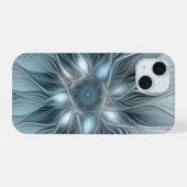 Blijde Bloem Abstract Blauw Grijs Bloemig Fractal iPhone 15 Case (Achterkant horizontaal)