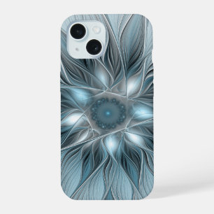 Blijde Bloem Abstract Blauw Grijs Bloemig Fractal iPhone 15 Case