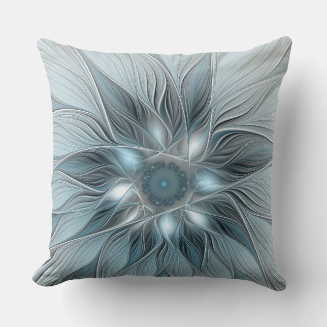 Blijde Bloem Abstract Blauw Grijs Bloemig Fractal Kussen (Voorkant)