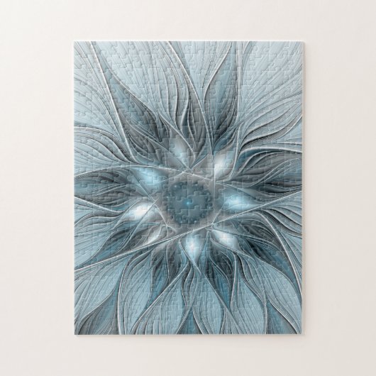Blijde Bloem Abstract Blauw Grijs Bloemig Fractal Legpuzzel (Verticaal)