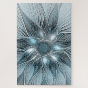 Blijde Bloem Abstract Blauw Grijs Bloemig Fractal Legpuzzel