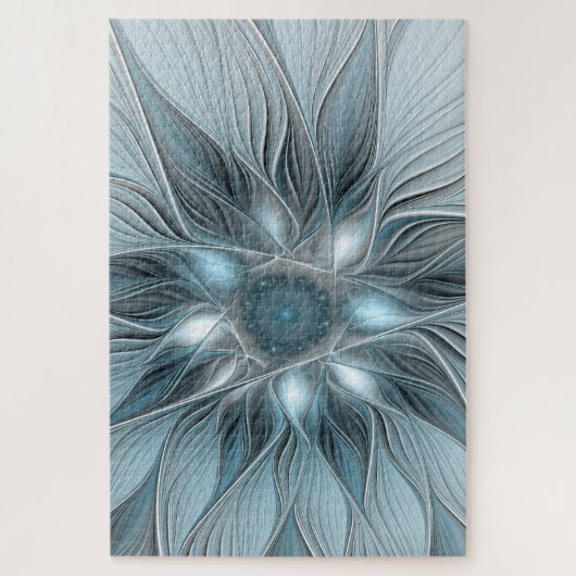 Blijde Bloem Abstract Blauw Grijs Bloemig Fractal Legpuzzel (Verticaal)