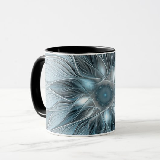 Blijde Bloem Abstract Blauw Grijs Bloemig Fractal Mok (Voorkant links)
