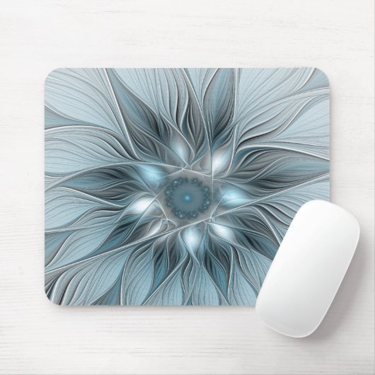Blijde Bloem Abstract Blauw Grijs Bloemig Fractal Muismat (Met muis)