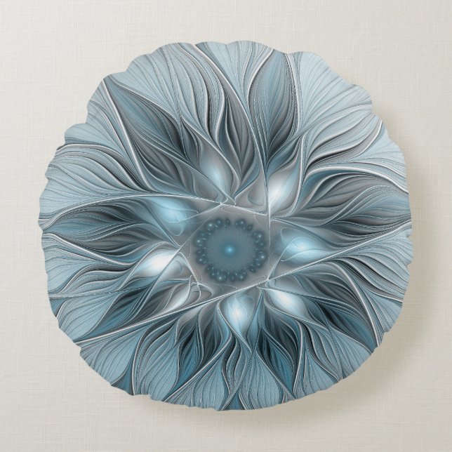 Blijde Bloem Abstract Blauw Grijs Bloemig Fractal Rond Kussen (Voorkant)