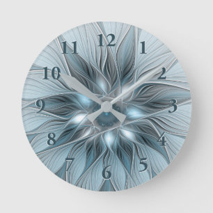 Blijde Bloem Abstract Blauw Grijs Bloemig Fractal Ronde Klok